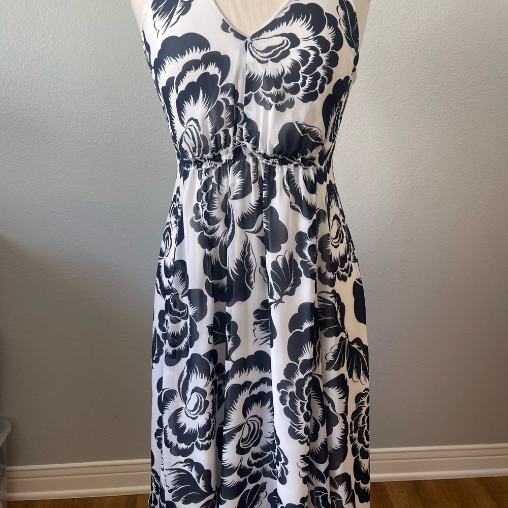 Ann Taylor Black & White Floral Maxi Dress - Elegant V-Neck
